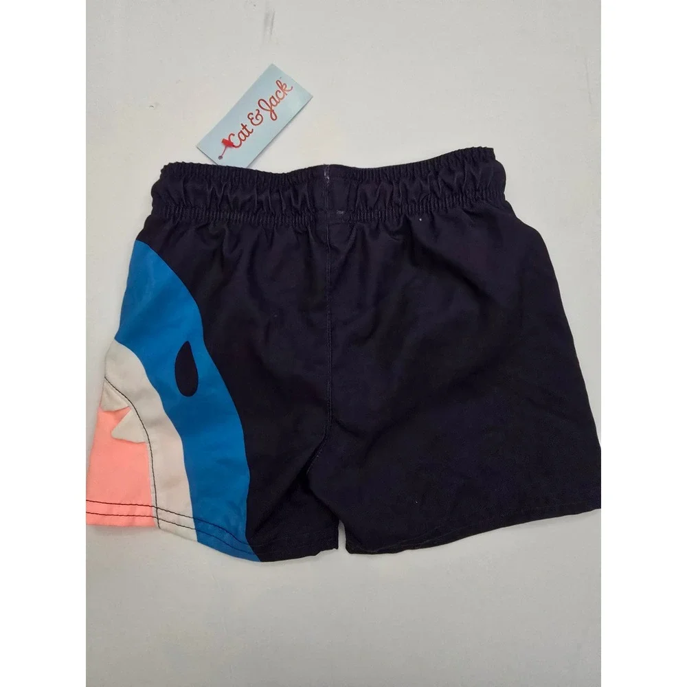 Cat & Jack Boys Shark Swim Trunks Navy Blue Coral UPF 50+ Flexible Drawstring